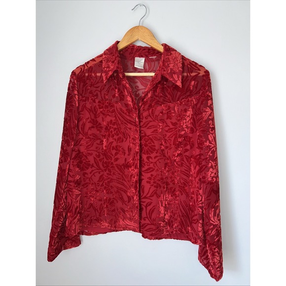 Emma James Red‎ Velvet Burnout Sheer Top Shirt Blouse L Whimsigoth Romantic vamp - Picture 1 of 10